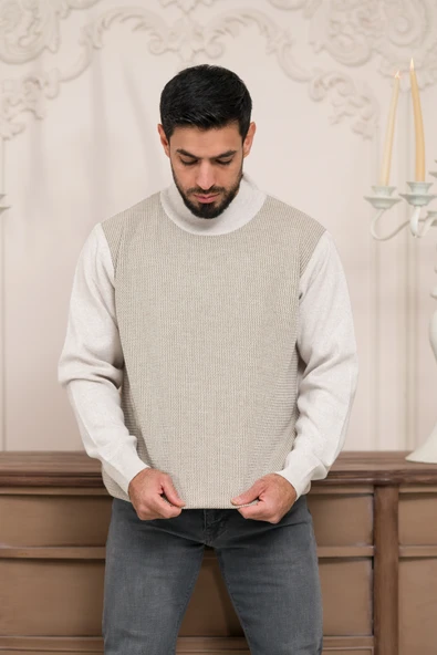 Woolen World Balıkçı Yaka Desenli Yünlü Erkek Triko Kazak - 2