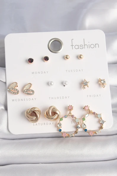 Pirinç Gold Renk Renkli Zirkon Taşlı Kalp Detay 7 Çift Kadın Küpe Seti ürün görseli 1