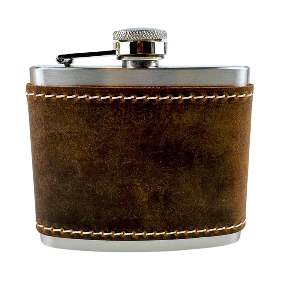 Perlotus 5 Oz 150 cc Fındık Kahverengi Crazy Deri Kılıflı El Yapımı Çelik Viski Cep Matarası - 3