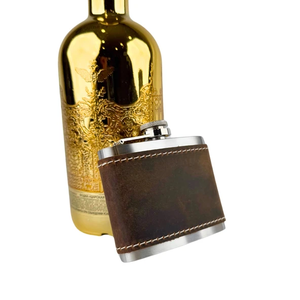 Perlotus 5 Oz 150 cc Fındık Kahverengi Crazy Deri Kılıflı El Yapımı Çelik Viski Cep Matarası - 6