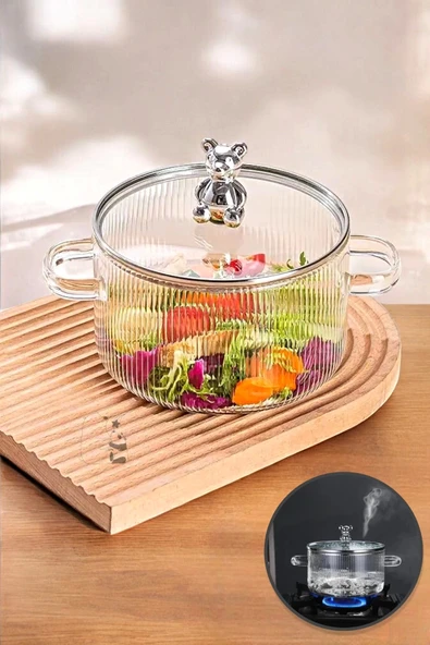 Madamev Pinterest Cam Tencere Ayıcık Figürlü Minimalist Borosilikat Isıya Dayanıklı Ocaküstü Tencere 1500ml