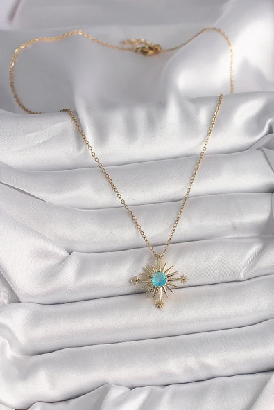 316L Çelik Gold Renk Zincir Mavi Taş Detaylı Kuzey Yıldız Model Kadın Kolye - 2