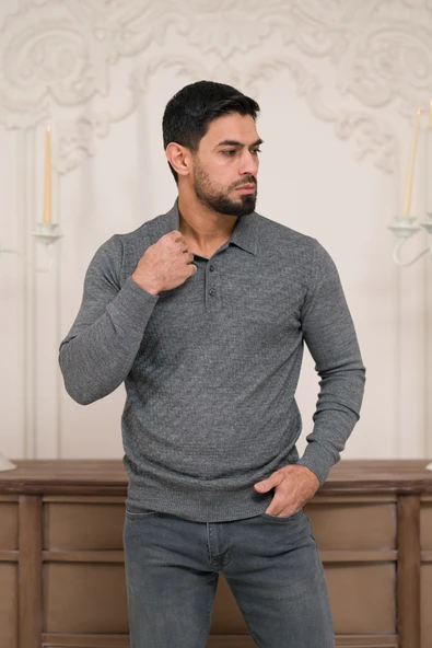 Woolen World Polo Yaka Slimfit Desenli Yünlü Erkek Triko Kazak - 6