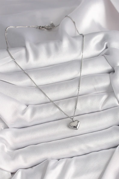 316L Çelik Gümüş Renk Zincir Love İşleme Kalp Figür Kadın Kolye - 2