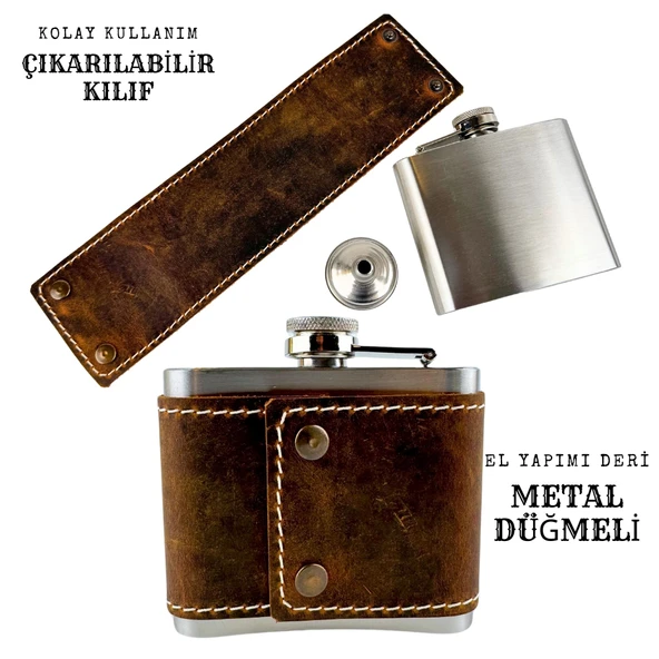 Perlotus 5 Oz 150 cc Fındık Kahverengi Crazy Deri Kılıflı El Yapımı Çelik Viski Cep Matarası - 4