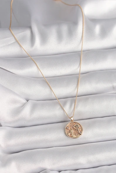 Pirinç Gold Renk Zirkon Taş Detaylı Gül İşleme Madalyon Model Kadın Kolye - 2