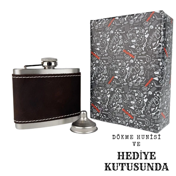 Perlotus 5 Oz 150 cc Koyu Kahverengi  El Yapımı Crazy Deri Kılıflı Çelik Viski Cep Matarası - 3