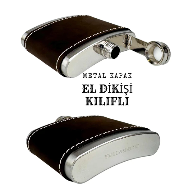 Perlotus 5 Oz 150 cc Koyu Kahverengi  El Yapımı Crazy Deri Kılıflı Çelik Viski Cep Matarası - 4