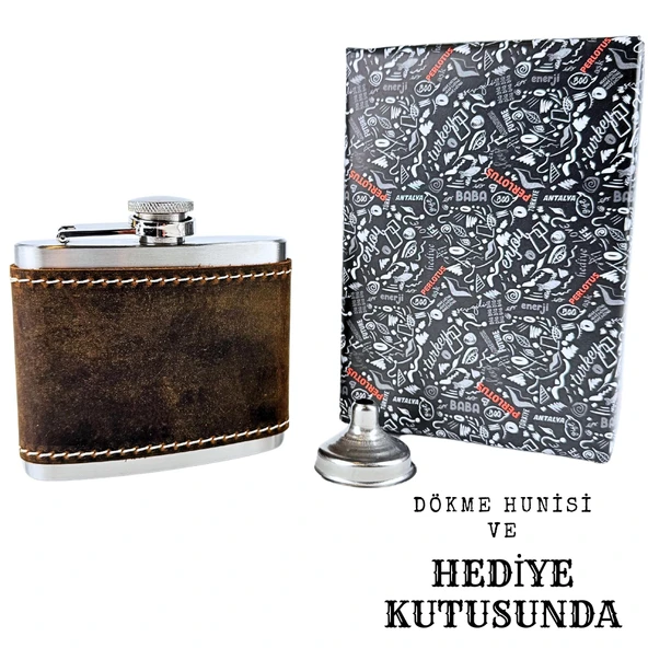 Perlotus 5 Oz 150 cc Fındık Kahverengi Crazy Deri Kılıflı El Yapımı Çelik Viski Cep Matarası - 2