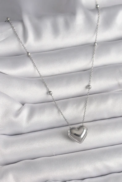 316L Çelik Gümüş Renk Topçuk Detay Zincir Kalp Model Kadın Kolye