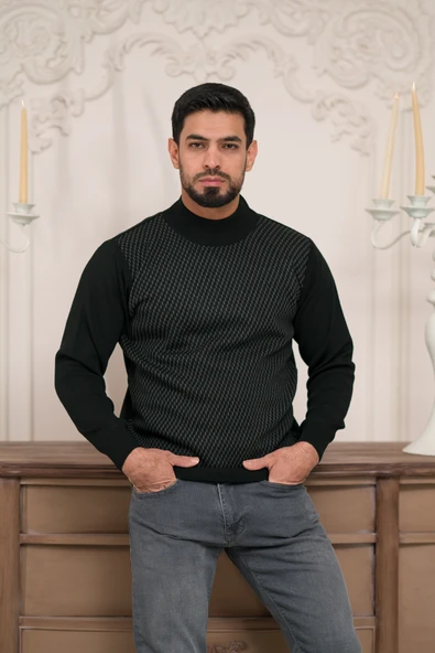 Woolen World Balıkçı Yaka Desenli Yünlü Erkek Triko Kazak - 9