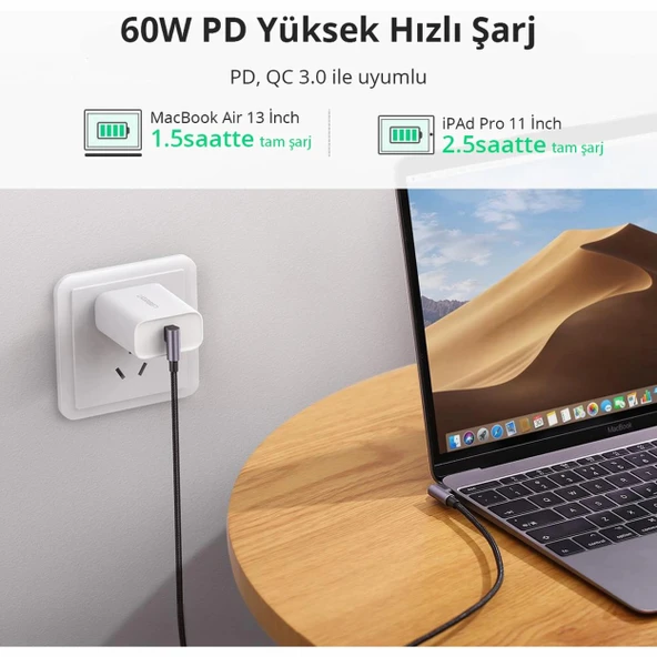 Ugreen 70531 USB-C to USB-C QC/PD 60W 2M Örgülü Hızlı Şarj Kablosu - 4