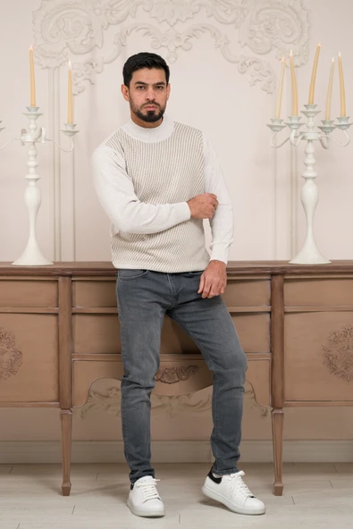 Woolen World Balıkçı Yaka Desenli Yünlü Erkek Triko Kazak