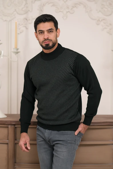 Woolen World Balıkçı Yaka Desenli Yünlü Erkek Triko Kazak - 7