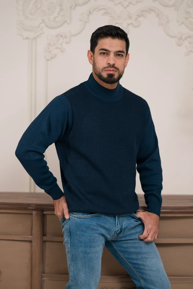 Woolen World Balıkçı Yaka Desenli Yünlü Erkek Triko Kazak - 5