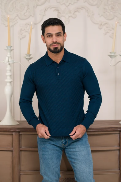 Woolen World Polo Yaka Slimfit Desenli Yünlü Erkek Triko Kazak - 2
