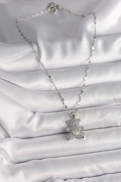 316L Çelik Gümüş Renk Zincir Renkli Zirkon Taşlı Ayıcık Figür Taşlı Kalp Detay Kadın Kolye - Resim 2