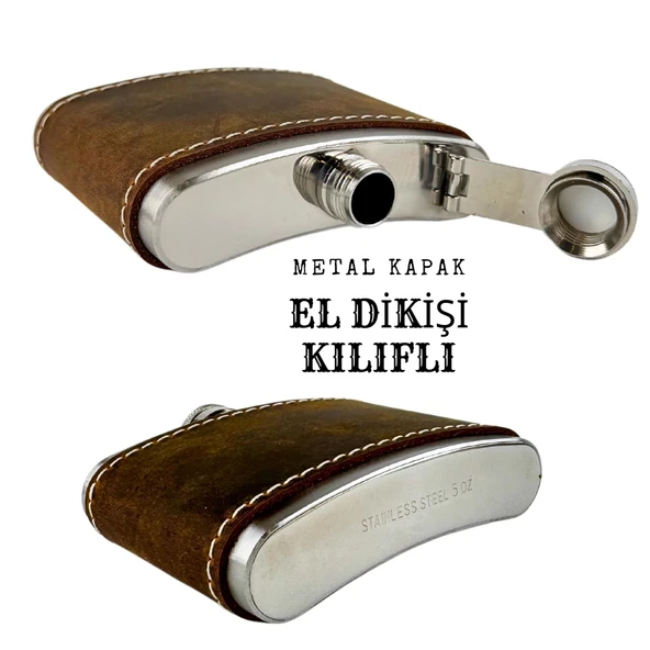 Perlotus 5 Oz 150 cc Fındık Kahverengi Crazy Deri Kılıflı El Yapımı Çelik Viski Cep Matarası - 5