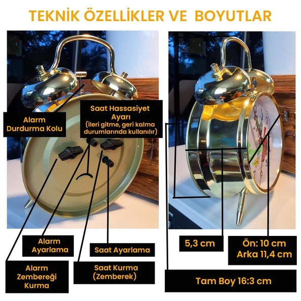 Upway Büyük Boy Nostaljik Dekoratif Retro Tarz Alarmlı Tavuklu Zemberek Kurmalı Mekanik Metal Masa Saati - 6