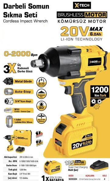 SGS PROFESYONEL DARBELİ SOMUN SIKMA SETİ 1200 Nm Tork 3/4 1X6.0 Ah (KÖMÜRSÜZ MOTOR) - 2