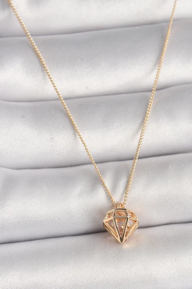 Pirinç Gold Renk 3D Zirkon Taşlı Elmas Model Kadın Kolye - TJ-BKO9829