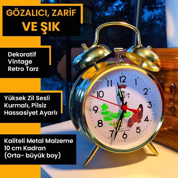 Upway Büyük Boy Nostaljik Dekoratif Retro Tarz Alarmlı Tavuklu Zemberek Kurmalı Mekanik Metal Masa Saati - 4