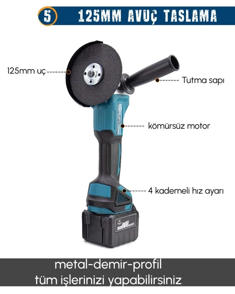 Akülü Kömürsüz 4 lü Set Makina 1100 Newton Somun Sökme Takma, 26mm Kırıcı Delici, 13mm Darbeli Vidalama, 125mm Avuç Taşlama EEA402 - 5