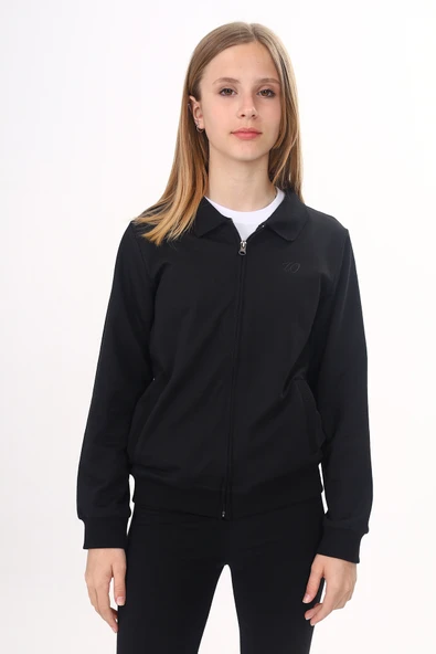 Toontoy Kız Çocuk Polo Yaka Fermuarlı Cepli Nakış Baskılı Örme Okul Hırkası - 2 İplik - 8