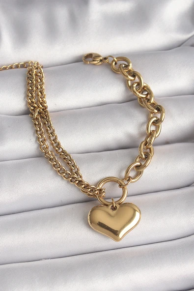 316L Çelik Gold Renk 2'Li Zincir Model Kalp Figür Kadın Bileklik - TJ-BB6727