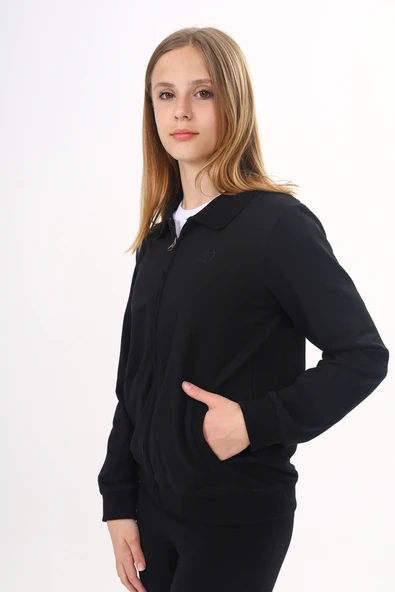 Toontoy Kız Çocuk Polo Yaka Fermuarlı Cepli Nakış Baskılı Örme Okul Hırkası - 2 İplik - 3