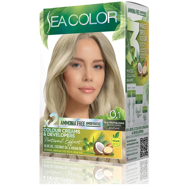 SEA COLOR Amonyaksız, Vegan, Doğal, Besleyici Kalıcı Saç Boyası%100 Beyaz Kapama 1 PAKET 2 x 50 ml Boya & OKSİDAN Platin Sarısı 0,1