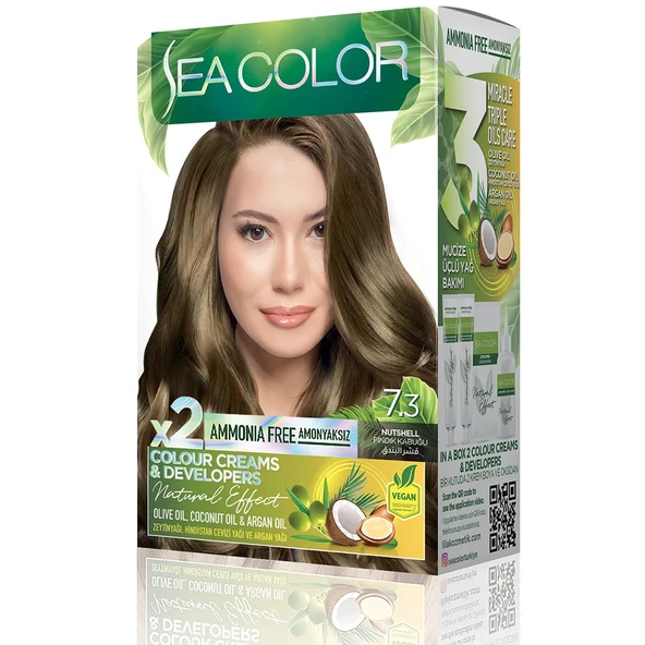 SEA COLOR Amonyaksız, Vegan, Doğal, Besleyici Kalıcı Saç Boyası%100 Beyaz Kapama 1 PAKET 2 x 50 ml Boya OKSİDAN Fındık Kabuğu 7 3