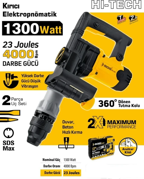 SGS PROFESYONEL ELEKTROPNOMATİK KIRICI SDS MAX 1300 WATT 23 JOULES 7 KG - 2