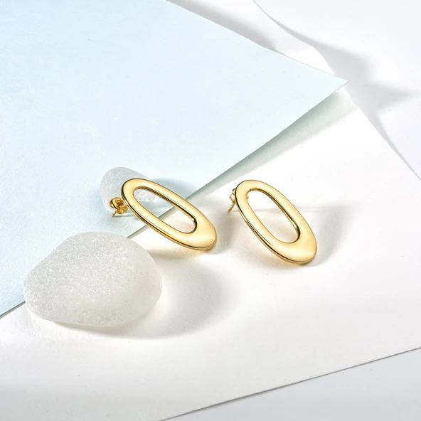 925 Ayar Altın Mikron Kaplama Oval Halka Küpe - E00280 - 3