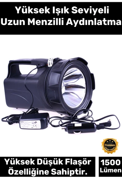 Premium 2 Modlu 1500 Lümen 500 Metre Menzilli Şarjlı Askılı Profesyonel 30 W Gücünde Avcı Feneri