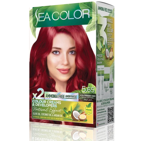 SEA COLOR Amonyaksız, Vegan, Doğal, Besleyici Kalıcı Saç Boyası%100 Beyaz Kapama 1 PAKET 2 x 50 ml Boya OKSİDAN Çilek Kırmızısı 5 65