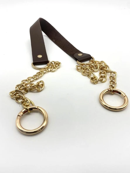 Çanta Aksesuar Tek Kat Suni Deri Kahverengi İnce Zincirli Sap Light Gold Metal ürün görseli 1