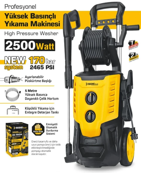 SGS PROFESYONEL YÜKSEK BASINÇLI YIKAMA MAKİNASI 2500 WATT 170 BAR - Resim 3