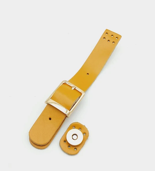 Çanta Aksesuar 18x2,3 cm Hardal Gerçek Deri Tokalı Çanta Kapağı Light Gold Metalli