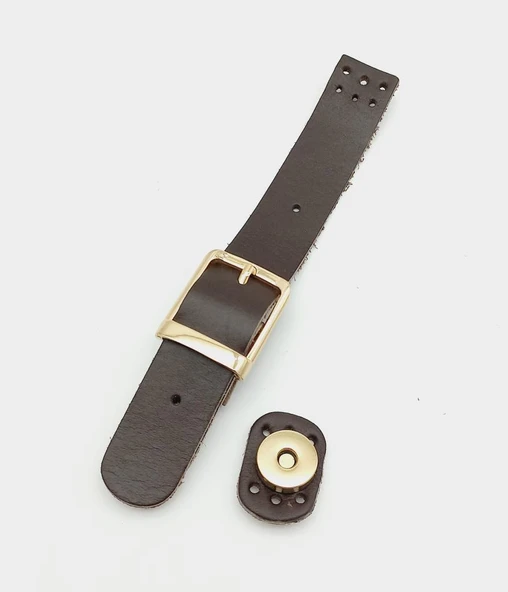 Çanta Aksesuar 18x2,3 cm Kahverengi Gerçek Deri Tokalı Çanta Kapağı Light Gold Metalli