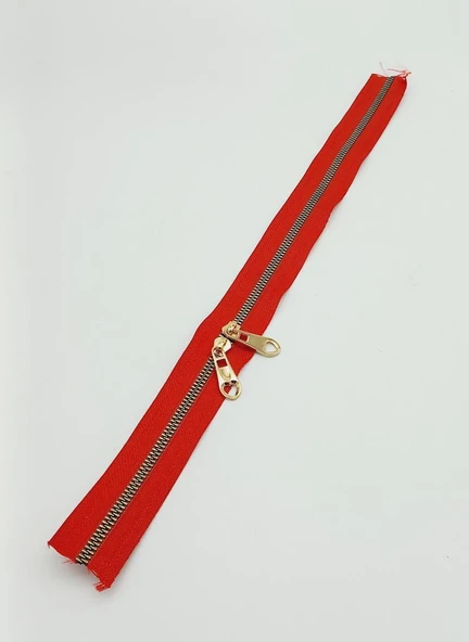 Çanta Aksesuar Çift Başlı Kırmızı Fermuar Light Gold Metal 40 Cm