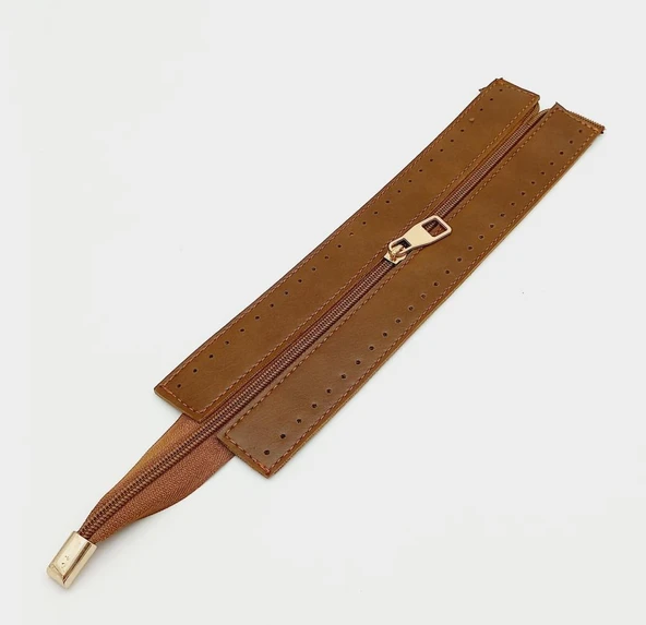 Çanta Aksesuar Taba Renk 28 Cm Derili Fermuar Light Gold Metalli
