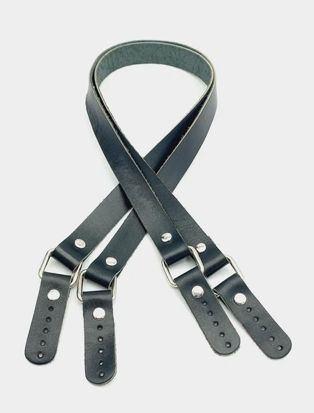 Çanta Aksesuar Siyah Renk Karedört Model Gerçek Deri Çanta Sapı (Gümüş Metal)
