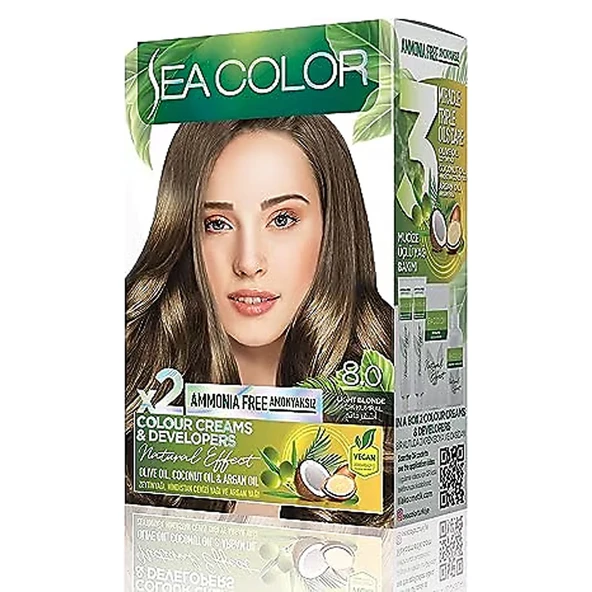 SEA COLOR Amonyaksız, Vegan, Doğal, Besleyici Kalıcı Saç Boyası%100 Beyaz Kapama 1 PAKET 2 x 50 ml Boya OKSİDAN Açık Kumral 8,0