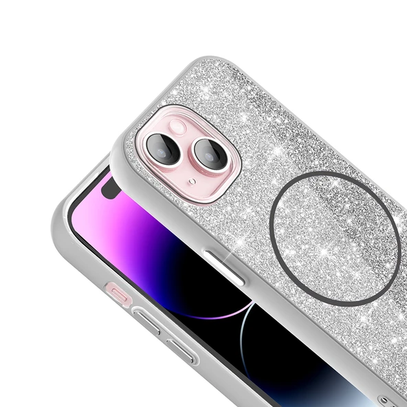 Apple iPhone 15 Plus Kılıf M-safe Şarj Özellikli Parlayan Simli Zore Okso Kapak - 10