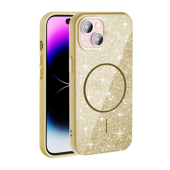 Apple iPhone 15 Plus Kılıf M-safe Şarj Özellikli Parlayan Simli Zore Okso Kapak - 6