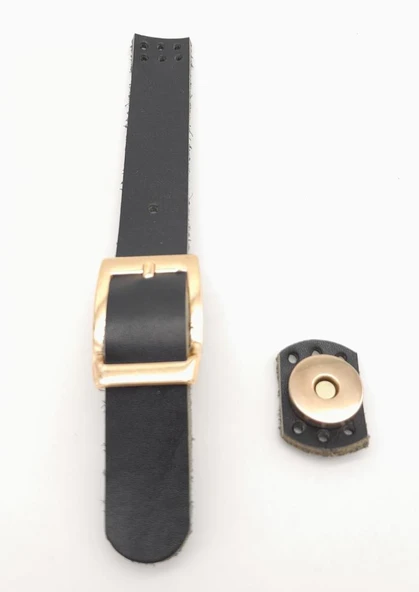 Çanta Aksesuar 18x2 cm Siyah Renk Gerçek Deri Tokalı Çanta Kapağı Light Gold Metalli - Resim 2