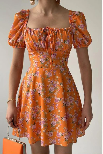 Kadın Çiçekli Kare Yaka Cuddly Elbise - 3