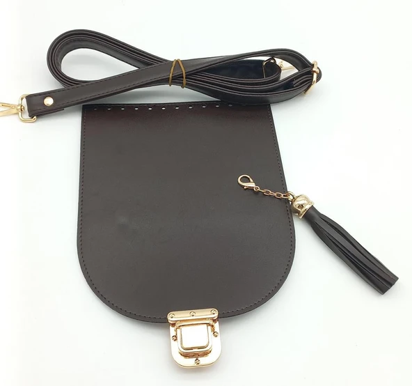 Çanta Aksesuar Kahverengi Suni Deri 125X2 Cm Sürgütlü Çanta Saplı Püsküllü Çanta Seti Light Gold Metal ürün görseli 1