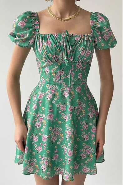 Kadın Çiçekli Kare Yaka Cuddly Elbise - 4